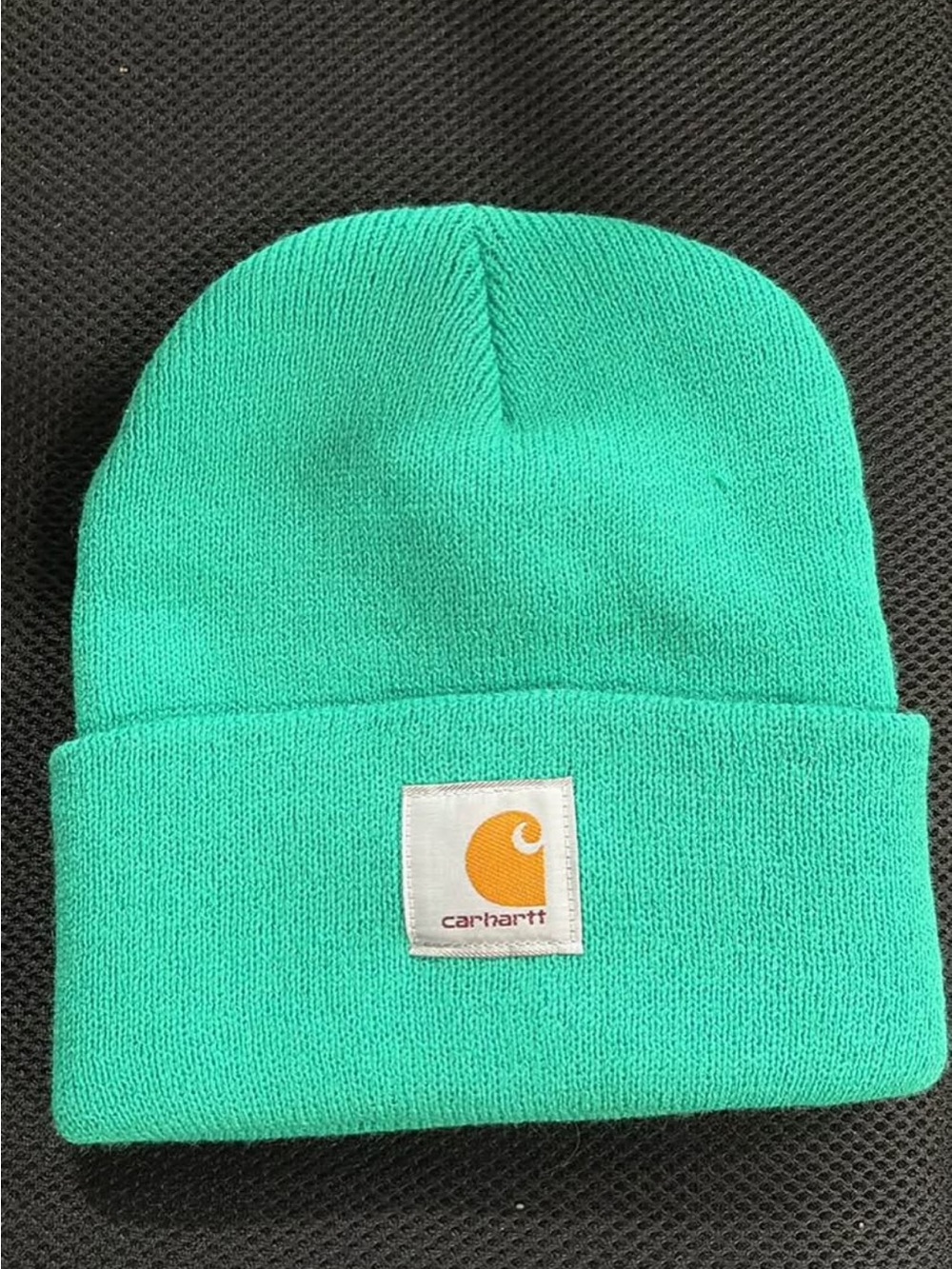 Carhartt Green Cuffed Beanie with Orange Logo Patch